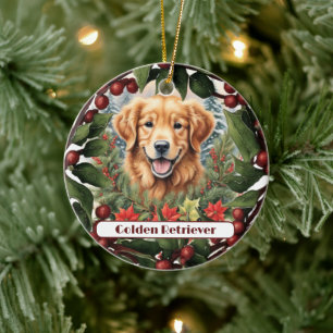 Joyful Golden Retriever, Personalized Christmas  Ceramic Ornament