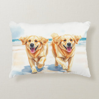 Joyful Golden Retrievers on the Beach – Watercolor Accent Pillow