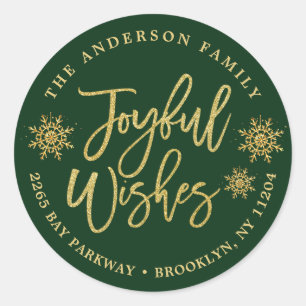 Joyful Green Faux Gold Holiday Return Address Classic Round Sticker