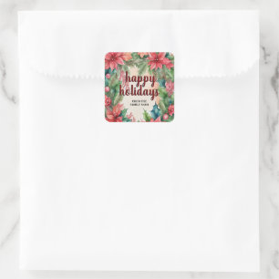 Joyful Green Holly Wreath Red Poinsettia Holiday Square Sticker