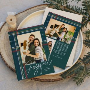 Joyful green plaid Christmas photo Holiday Card