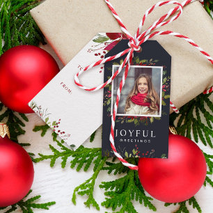 Joyful Greenery Custom Photo Merry Christmas Gift Tags