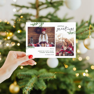 Joyful Greetings Greenery Branches 2 Photo Holiday Card