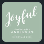 Joyful, Happiest Holidays, Personalized Square Sticker<br><div class="desc">This square Christmas sticker features a trendy and modern design. The background is a faded dusty green with all white print. Script calligraphy text,  across the top,  reads: Joyful. Custom text,  near the bottom,  allows you to add your name and year.</div>