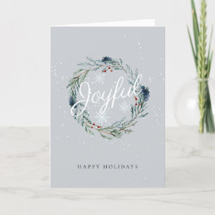 Joyful Happy Holidays Winter Wreath Snow Christmas Holiday Card