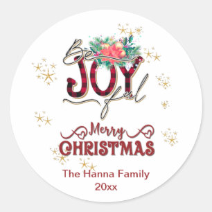 Joyful Holiday Floral and Plaid Christmas Classic Round Sticker