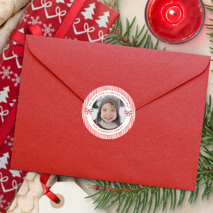Joyful Holiday Red Bow and Stripes Custom Photo Classic Round Sticker