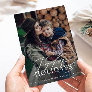 Joyful Holidays   Elegant Script Photo Dark Blue Holiday Card