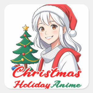 Joyful kawaii girl - Christmas Holiday Anime Square Sticker
