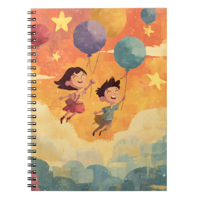 Joyful Kids Floating with Balloons and Stars Art Notebook (Front)
