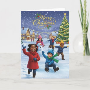 Joyful Kids Playing in the Snow – Merry Christmas Card