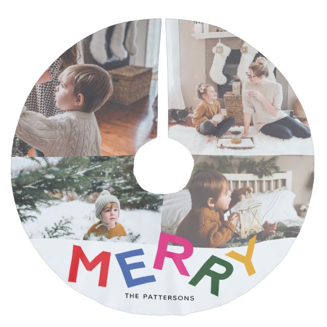 Joyful Lettering Holiday Photo Collage Brushed Polyester Tree Skirt (Front)