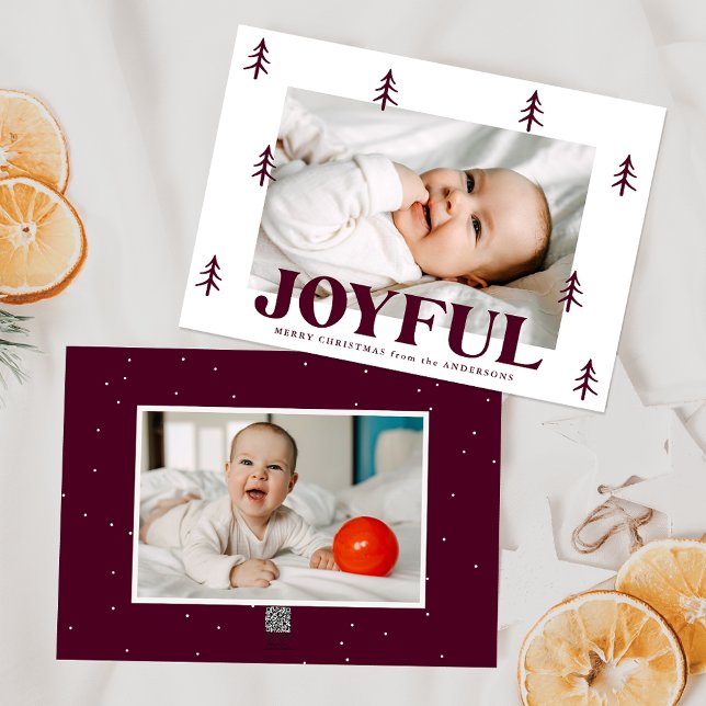 Joyful Merlot Trees 2 Photo Holiday Card (Creator Uploaded)