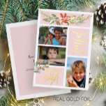 Joyful Merry and Bright Christmas photo blush gold Foil Holiday Card<br><div class="desc">Modern trendy blush pink 3 photo collage luxury gold foil holiday card featuring a Christmas seasonal watercolor flowers bouquet with a red brick terracotta poinsettia flower, a pinecone, sage hunter green fir boughs, red berries, and foliage with "Joyful" "Merry and Bright" trendy calligraphy hand-lettered script. Personalize it with three of...</div>