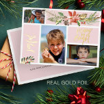 Joyful Merry and Bright photo collage gold blush Foil Holiday Card<br><div class="desc">Modern trendy boho blush pink photo collage luxury gold foil holiday card featuring a Christmas seasonal watercolor floral bouquet with a red brick terracotta poinsettia flower, a pinecone, sage hunter green fir boughs and foliage with "Joyful" "Merry and Bright" hand lettered typography script. Personalize it with 3 of your photos...</div>
