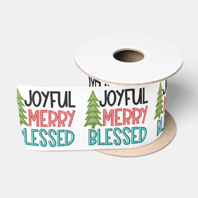 Joyful Merry Blessed Christmas Tree Modern Holiday Satin Ribbon (Spool)