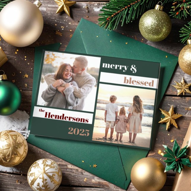 Joyful Merry Blessed Family Christmas Photo Green Holiday Card (Creator Uploaded)