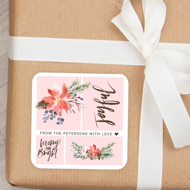 Joyful Merry & Bright Watercolor Floral Christmas Square Sticker (Creator Uploaded)