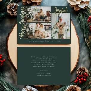 Joyful Merry Christmas Script Green Photo Collage Foil Holiday Card