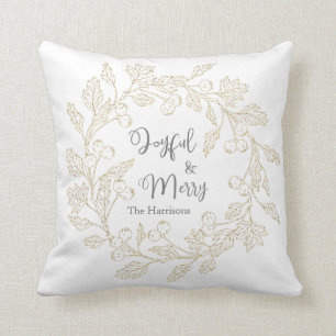 Joyful Merry Gold Winter Berries Wreath Christmas Throw Pillow
