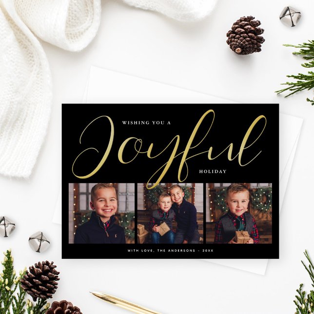Joyful Modern Black and Gold Script Photo Collage Foil Holiday Card (Creator Uploaded)