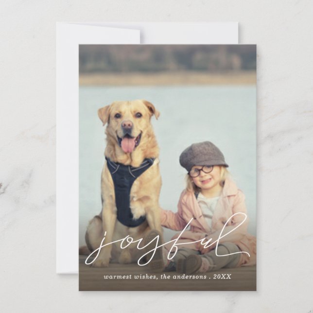 Joyful Modern Christmas Handwriting Script Photo Holiday Card (Front)