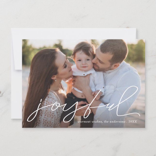 Joyful Modern Christmas Handwritten Script Photo Holiday Card (Front)
