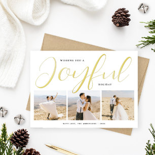 Joyful Modern Gold Script Photo Collage Foil Holiday Card