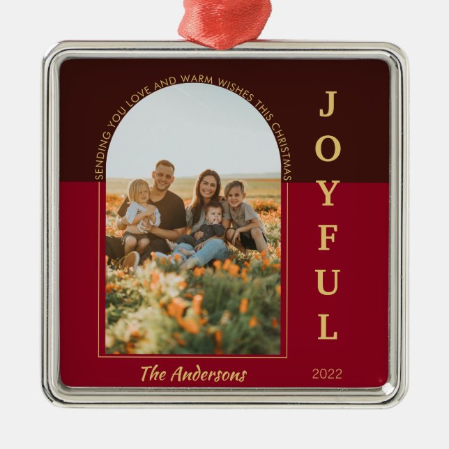 Joyful Modern Minimalist Arch Photo Red Christmas Metal Ornament (Front)