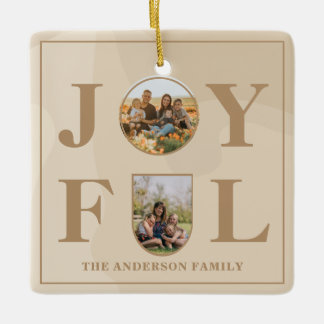 Joyful | Modern Minimalist Beige Arch Two Photo  Ceramic Ornament
