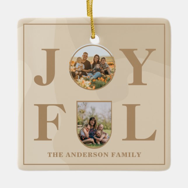 Joyful | Modern Minimalist Beige Arch Two Photo  Ceramic Ornament (Front)