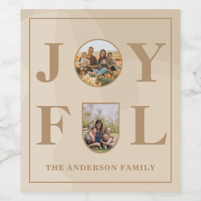 Joyful | Modern Minimalist Beige Arch Two Photo Wine Label (Single Label)