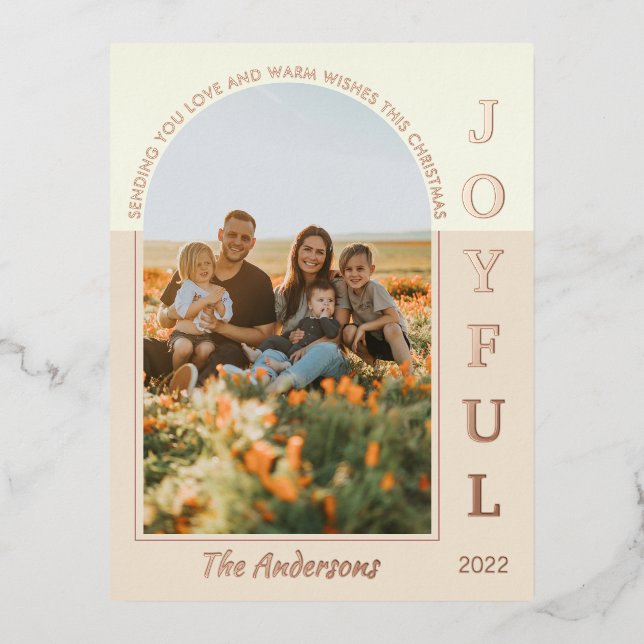 Joyful Modern Minimalist Boho Arch Photo Beige Foil Holiday Postcard (Front)