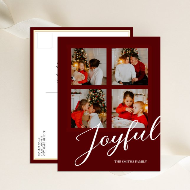 Joyful Modern Minimalist Red Script 4 Photo Holiday Postcard (Creator Uploaded)