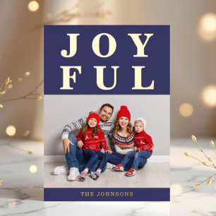 Joyful Modern Navy Blue Photo Christmas Gold Foil Holiday Card