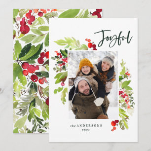 Joyful modern red and green winter foliage 1 photo holiday card
