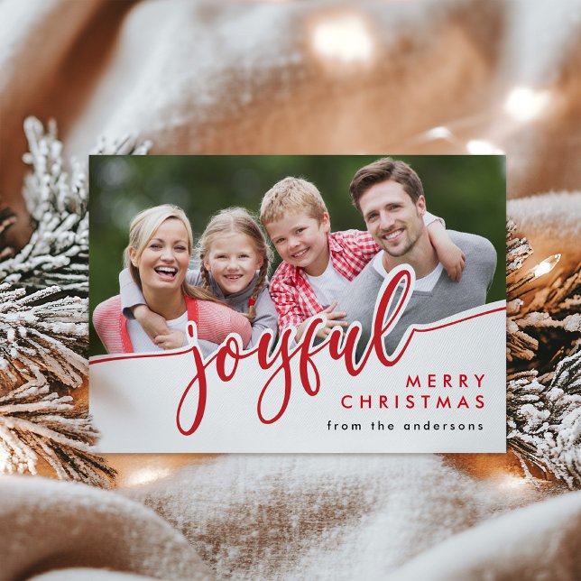 JOYFUL Modern Red White Merry Christmas Photo Holiday Card (Creator Uploaded)
