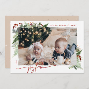 JOYFUL Modern Script Boho Greenery Burgundy Beige Holiday Card