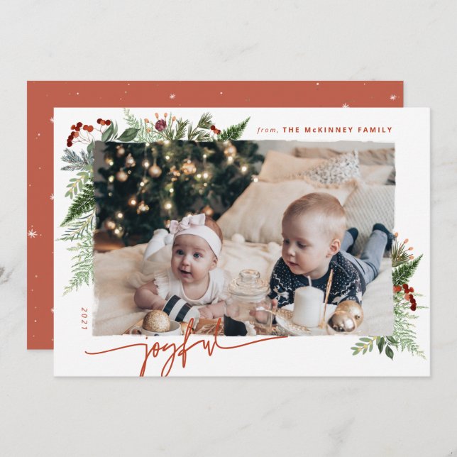 JOYFUL Modern Script Boho Greenery Terracotta Rust Holiday Card (Front/Back)