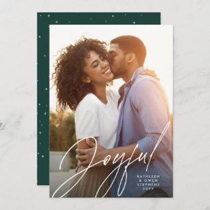 Joyful modern script one photo green Christmas Holiday Card