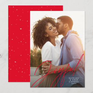 Joyful modern script one photo red Christmas Holiday Card