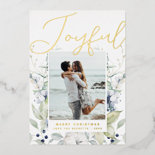 Joyful Modern Script Photo Foil Holiday Card