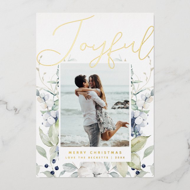 Joyful Modern Script Photo Foil Holiday Card (Front)