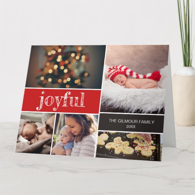 Joyful Modern Script Red Christmas photo collage Card (Front)