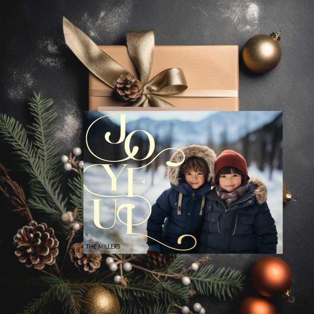 Joyful Modern Typography Elegant Minimal 1 Photo Foil Holiday Postcard (Joyful Modern Typography Elegant Minimal 1 Photo Foil Holiday Postcard)