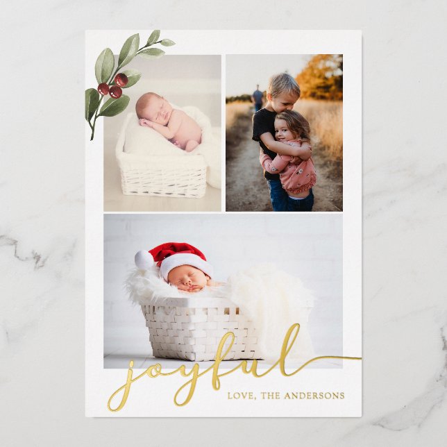 Joyful Multiple Photo Foil Holiday Card (Front)