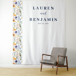 Joyful Navy Floral Wedding Banner Tapestry