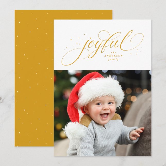 Joyful one photo gold star Christmas Holiday Card (Front/Back)