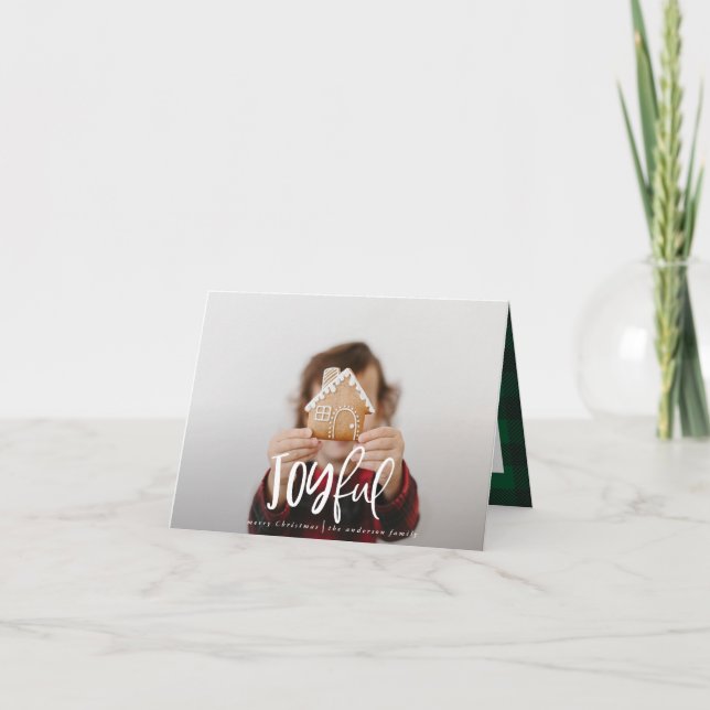 Joyful one photo script tartan family holiday note card (Front)