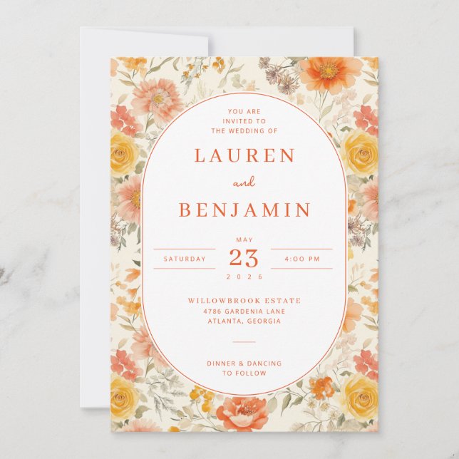 Joyful Peach Floral Wedding Invitation (Front)